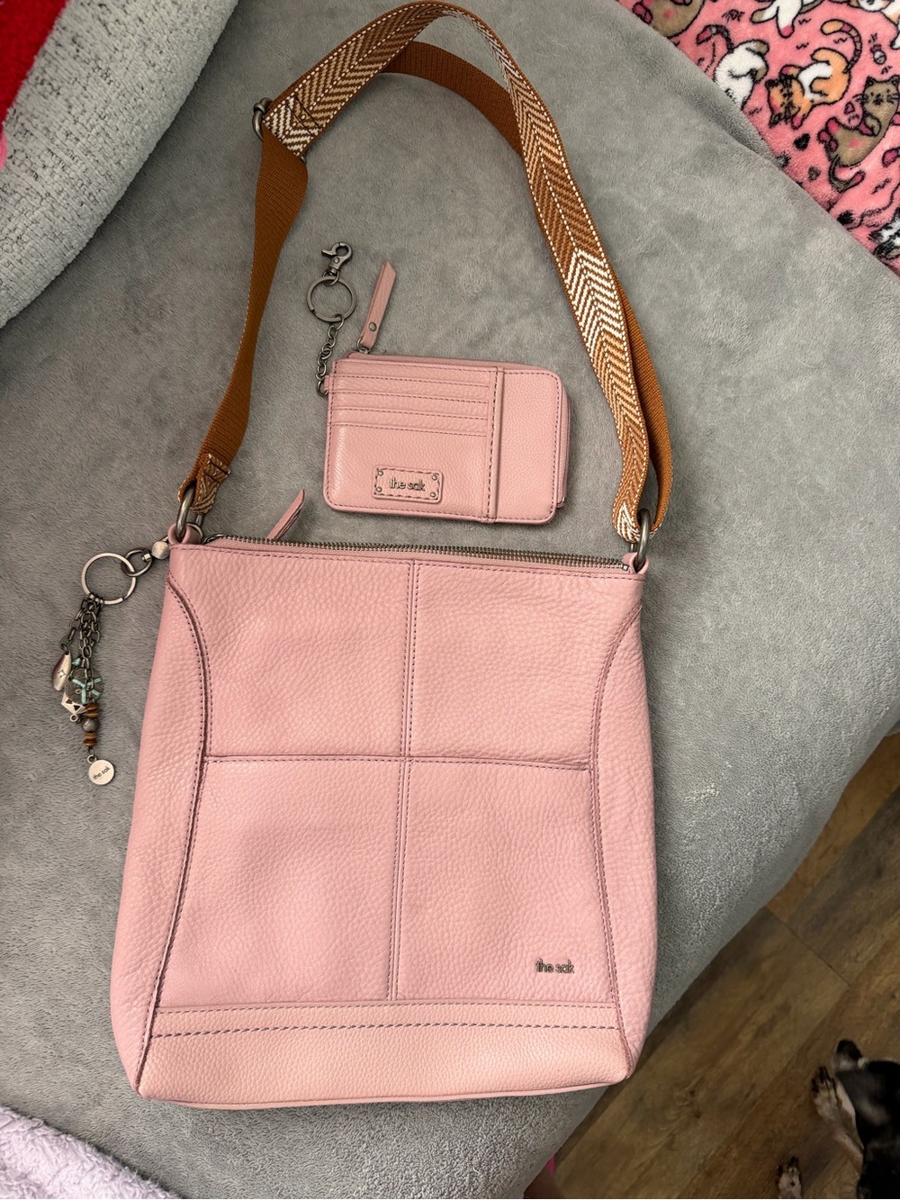 The Sak Pink Pebbled Leather Crossbody with Tan Woven Strap and Card Case